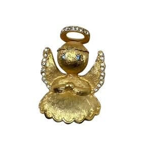 ULTRA Angel Gold Brooch Blue Eyes Clear Rhinestone Halo Pin Pendant 60s Vintage